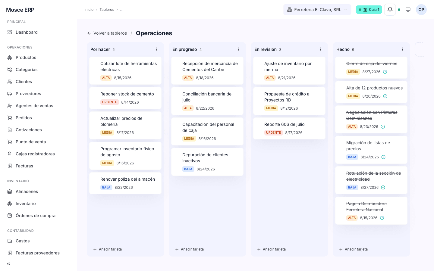 Professional kanban board interface showing task cards with priorities, deadlines, and team avatars in a clean workspace